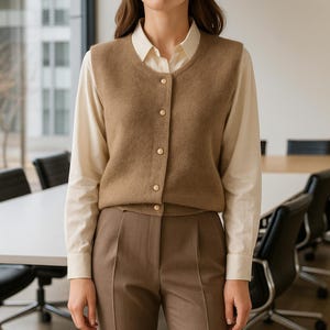 Puede incluir: Una mujer con un chaleco abotonado color canela sobre una camisa con cuello color crema y pantalones marrones. El chaleco tiene botones dorados. El atuendo es informal de negocios.