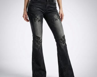 Womens Vintage Flare Jeans | Printed Denim Pants | Slim Fit Gothic Style Casual Jeans