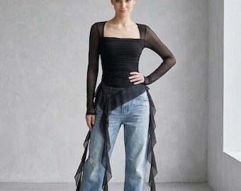 Doorschijnende mesh-top dames met ruches | Blouse met vierkante hals en lange mouwen | Shirt met asymmetrische zoom en ruches | Elegante party-streetwear-outfit