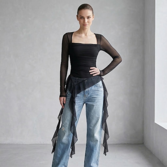 Womens Sheer Mesh Ruched Top | Square Neck Long Sleeve Blouse | Asymmetrical Ruffle Hem Shirt | Elegant Party Streetwear Outfit