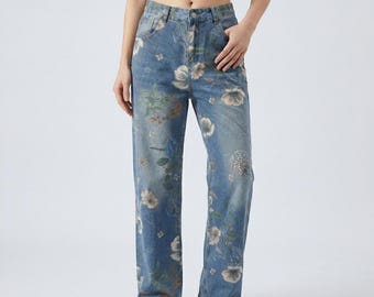 Womens Floral Baggy Jeans | Flower Denim Pants | Y2K Inspired Streetwear Jeans | Loose Fit Wide Leg Jeans