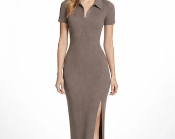 Grey Ribbed Knit Midi Dress Short Sleeve Square Neck Bodycon Fitted Sweater  Pencil Slit Casual Day to Night Minimalist Workwear Vestidos