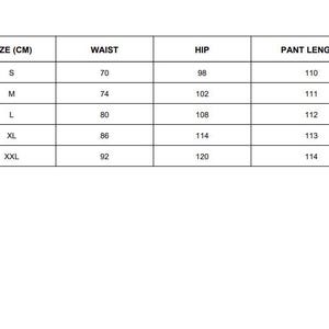 May include: A white table displaying a size chart in black text. The chart includes sizes S to XXL, with waist, hip, and pant length measurements in centimetres. Waist measurements range from 70 cm to 92 cm.