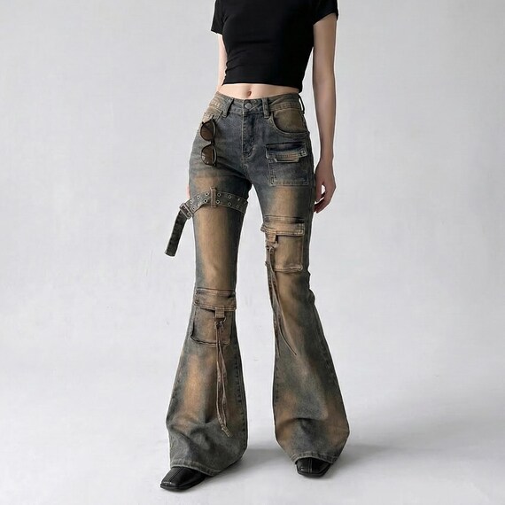 Vintage Wash Flare Cargo Jeans | Y2K Streetwear Wide Leg Pants