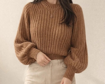 Knitted Cropped Sweater for Women | O Neck Balloon Sleeve Pullover | Loose Soft Casual Jumper Top