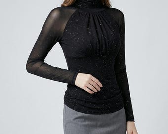 Women Elegant Sparkle Mesh Turtleneck Top | Long Sleeve Elegant Glitter Blouse | Slim Fit Stylish Shirt