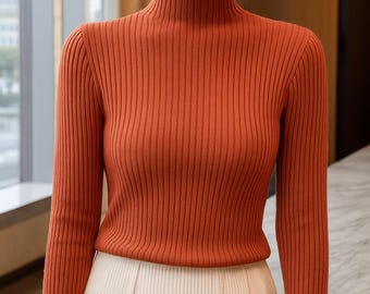 Women Ribbed Turtleneck Sweater | Slim Knit Long Sleeve Pullover | Winter Basic Stretchy Top