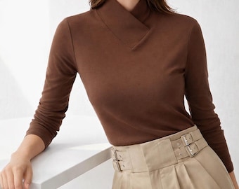 Women Elegant Office Wear Top | Soft Stretch Knit Wear | Casual Winter Layering Shirt