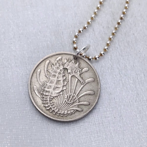 SEAHORSE NECKLACE - Singapore 10 cents seahorse coin - hippocampus - fish -coin jewelry - sea horse necklace - coin pendant - seahorse charm