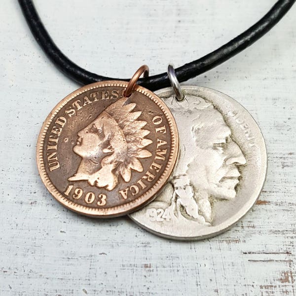 Antique Indian Head coin necklace. double coin necklace. USA history. mens jewelry. Mens gift. Random year coin, Read Description