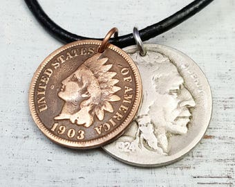 Antique Indian Head coin necklace. double coin necklace. USA history. mens jewelry. Mens gift. Random year coin, Read Description