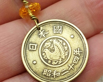 Japan coin necklace - Antique Japanese 5 Yen - Showa period - Chicken bird - Japan - citrine bead - coin pendant - Kanji necklace