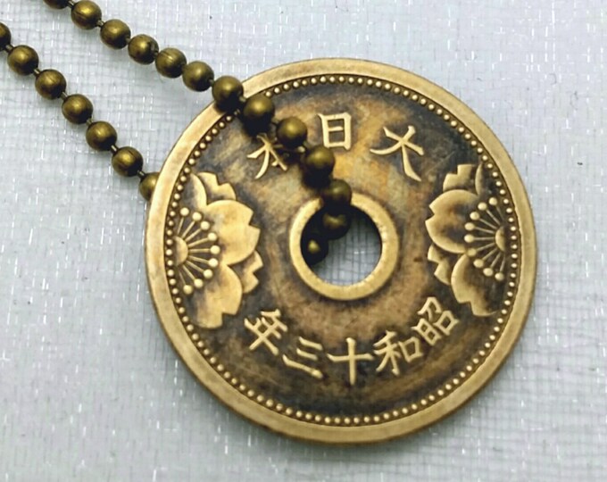 Coin Necklace Antique Japanese Flower Coin Necklace 5 Sen Etsy