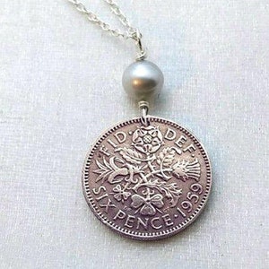Vintage sixpence coin necklace. lucky six pence. Tudor Rose. Irish Shamrock. Scottish thistle. Welsh leek. QE II 1953-1967 random years