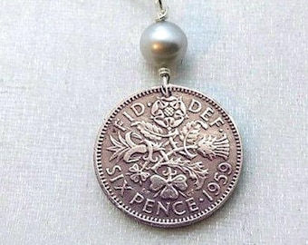 Vintage sixpence coin necklace. lucky six pence. Tudor Rose. Irish Shamrock. Scottish thistle. Welsh leek. QE II 1953-1967 random years
