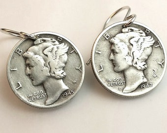 Mercury Dime Earrings: Antique Silver Coin Dangles, Sterling Silver Hooks