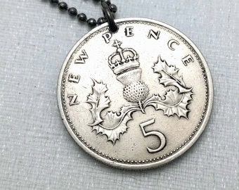 Vintage Scottish Thistle Coin Necklace: 5 Pence Stainless Steel Chain