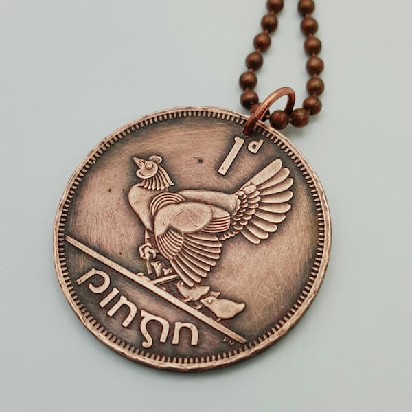 Irish Necklace - IRELAND coin necklace - Irish hen coin - Irish harp - chicken pendant - 1 pingin - Celtic - vintage coin - Irish Jewelry