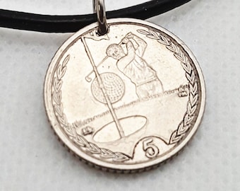 Golf Necklace or keychain. Isle of Man coin necklace.  golfer golf ball golf club tee. coin jewelry. 5 pence coin. father gift, man gift