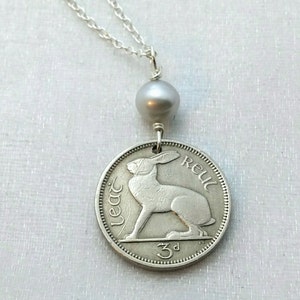 Vintage Irish Coin Necklace: Rabbit Pendant, Swarovski Pearl