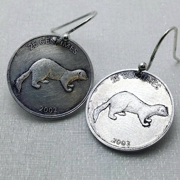 Coin Earrings. Weasel earrings. 2002 Congo coin. weasel jewelry. ferret earrings. lion earrings. ermine. mink. African lion. Leo earrings