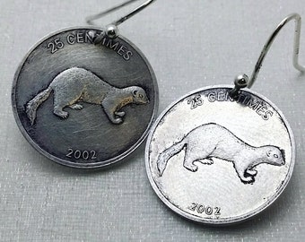 Coin Earrings. Weasel earrings. 2002 Congo coin. weasel jewelry. ferret earrings. lion earrings. ermine. mink. African lion. Leo earrings