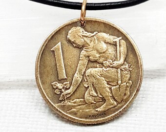 Gardener Necklace: Vintage Czech Coin Pendant, Woman Planting