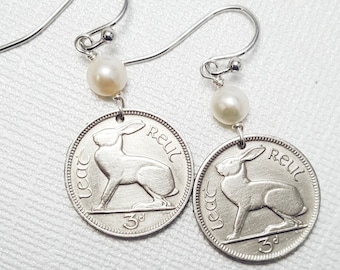 IRISH RABBIT coin earrings - Ireland jewelry - Celtic earrings - Vintage Irish coins - Rabbit earrings - rabbit jewelry - bunny earrings