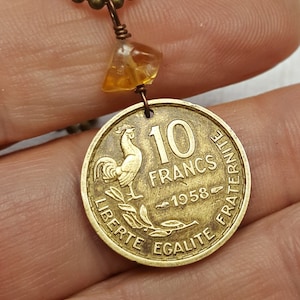 French Coin Jewelry. French necklace. COIN NECKLACE. Rooster necklace. France necklace. Raw citrine. Rooster jewelry. Year of the Rooster