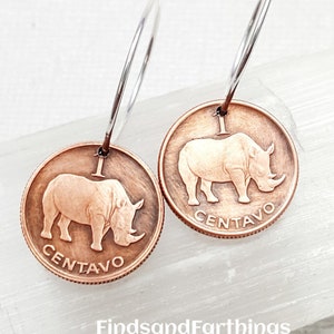 Coin Jewelry - tiny Rhinoceros coin earrings - rhinoceros jewelry - hoop earrings - Mozambique - African Rhino earrings - copper earrings