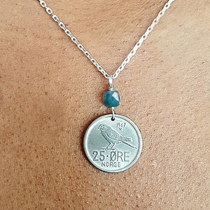 Vintage Norway Coin Necklace: Chickadee Bird, Blue Apatite, Scandinavian