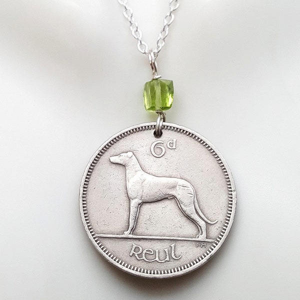 Dog necklace. 1958 1961 1963 1968. Year of the Dog. Ireland wolfhound coin. Irish necklace. Birthstone necklace. Dog jewelry. Pet necklace