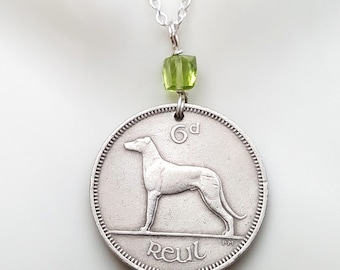 Dog necklace. 1958 1961 1963 1968. Year of the Dog. Ireland wolfhound coin. Irish necklace. Birthstone necklace. Dog jewelry. Pet necklace