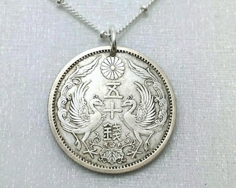 Silver coin necklace. Antique Japanese silver coin. Phoenix necklace. Chrysanthemum flower necklace. Japan jewelry. Phoenix jewelry. Rebirth
