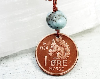 Squirrel Necklace. Coin Jewelry. Vintage 1964 SQUIRREL COIN. Larimar necklace. Norway. coin necklace. squirrel and nut. squirrel jewelry.