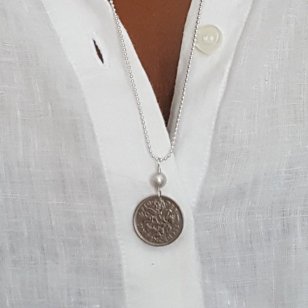 1964 sixpence COIN NECKLACE. 60th birthday. Layering. lucky six pence English Rose. Irish Shamrock Scottish thistle Welsh leek