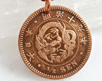 Japan necklace - Year of the Dragon - Antique copper Japanese half sen DRAGON COIN necklace - dragon necklace - copper ball chain - men