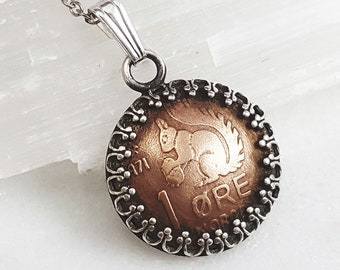 Vintage Norway Squirrel Coin Necklace: Sterling Silver Bezel, 1971-72