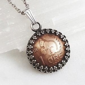 Vintage Norway Squirrel Coin Necklace: Sterling Silver Bezel, 1971-72