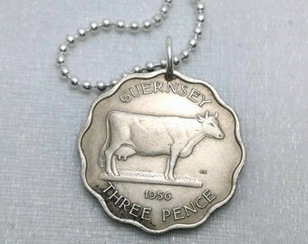 COW NECKLACE. vintage Guernsey three pence. Cow jewelry. cow pendant. farm jewelry. coin jewelry. Dairy farmer