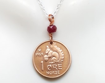 Vintage Norway Squirrel Coin Necklace: 1971-72, Ruby July Birthstone