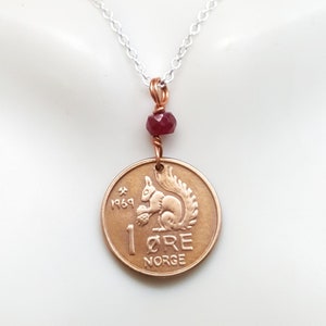 Vintage Norway Squirrel Coin Necklace: 1971-72, Ruby July Birthstone