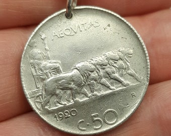 Antique 1920s Italian coin necklace. Chariot. Lady Liberty. Lions. Gifts for him.
