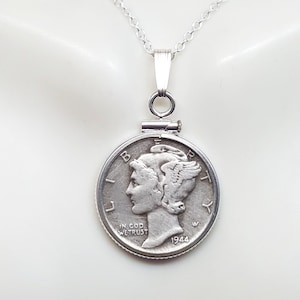 Sterling Silver Mercury Dime Pendant: Antique Coin Necklace, Liberty Design