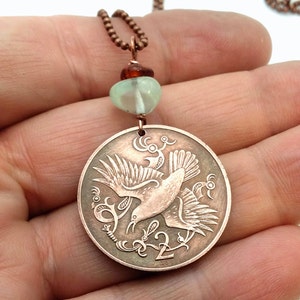 Bird necklace - bird coin pendant - Celtic bird necklace - Isle of Man two cent coin - red billed chough - flying bird pendant -coin jewelry