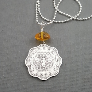 Bee Necklace. Coin necklace. 1972 Bee Coin necklace. Insect necklace. Beehive. Malta. coin jewelry. honeybee necklace. Honeycomb