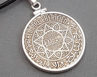 MOROCCO COIN NECKLACE - antique 1934 Morocco silver coin pendant - Bohemian necklace - star necklace - Moroccan design - pentagram necklace