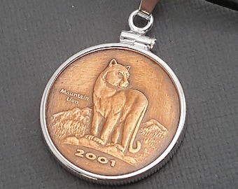 Mountain Lion necklace. 2001 Canada Westaim Corp. token. Copper coin token. Lion necklace. Sterling coin bezel. Mens necklace. Gifts for her