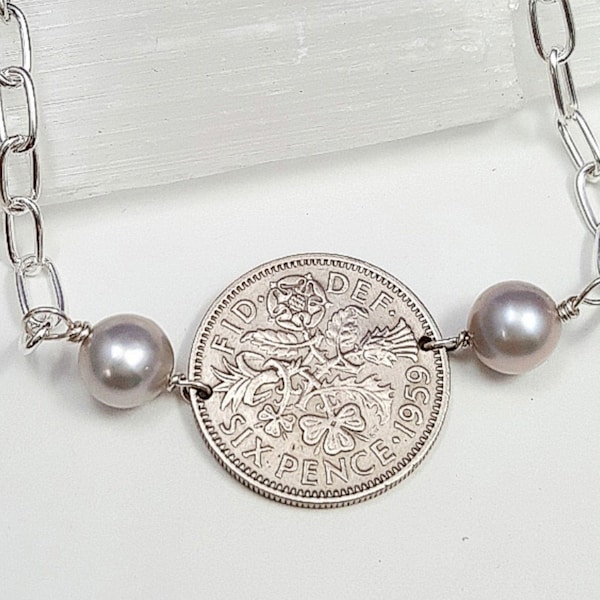 Sixpence COIN bracelet. lucky wedding six pence, random year. Pearl bracelet. Tudor Rose, Irish Shamrock, Scottish thistle, Welsh leek
