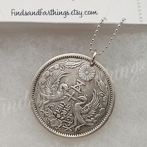 Silver coin necklace. Antique Japanese silver coin. Double Phoenix necklace. Chrysanthemum flower. Coin jewelry. Gifts for her